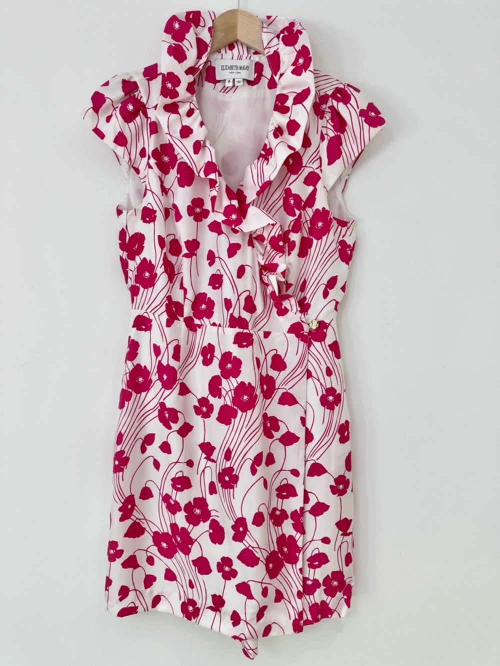 Elizabeth McKay Scotland 100% Silk Ruffle Wrap Dress Magenta & White Poppy Sz 6